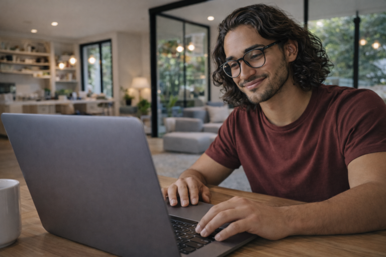 Homme préparant ses certifications professionnelles sur ordinateur portable