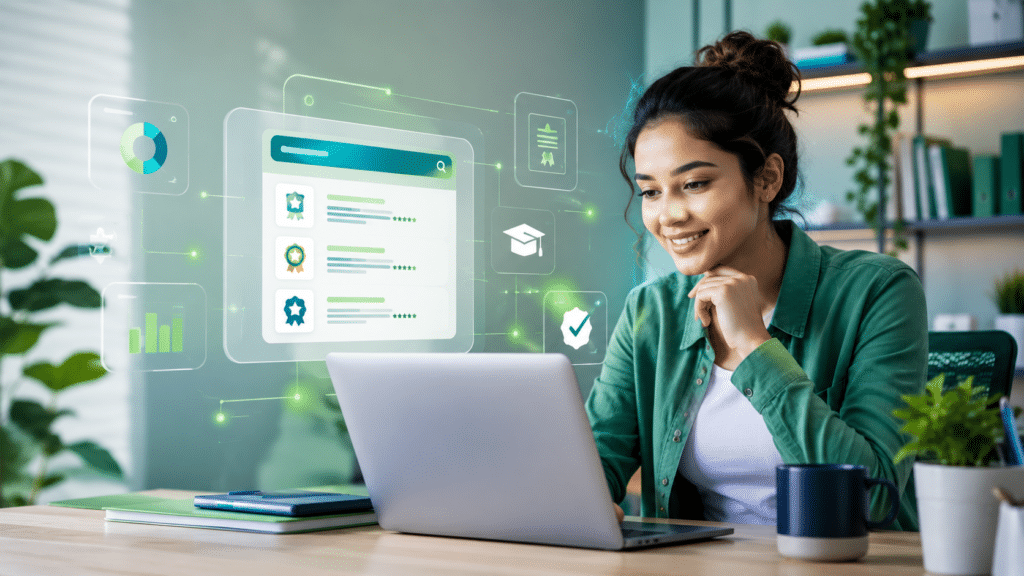 Femme travaillant sur ordinateur portable, illustrant les compétences digitales à certifier