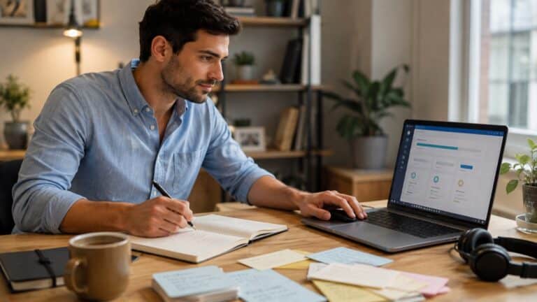 Personne préparant sa certification professionnelle avec ordinateur portable, notes et fiches de révision